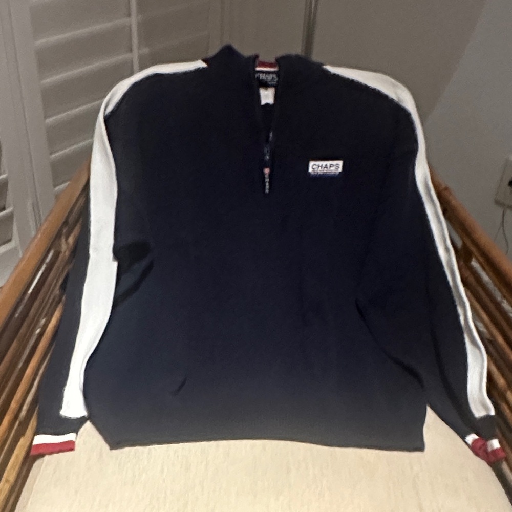 Chaps Ralph Lauren Vintage Men's Black Zip-Up Sweater with White Stripes